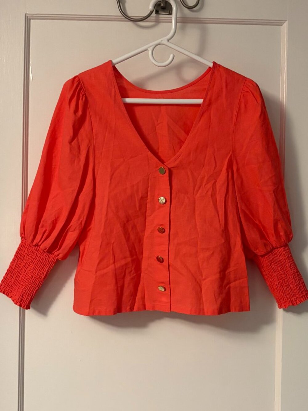 Stella & Dot linen blend button front blouse balloon smocked sleeve medium coral